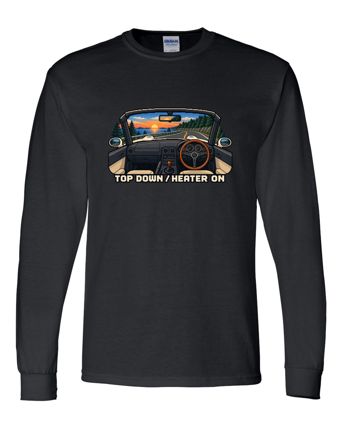 Cel-shaded 90s anime night scene of a Mazda RX-7 FD3S under sodium lights black long sleeve front view with the design