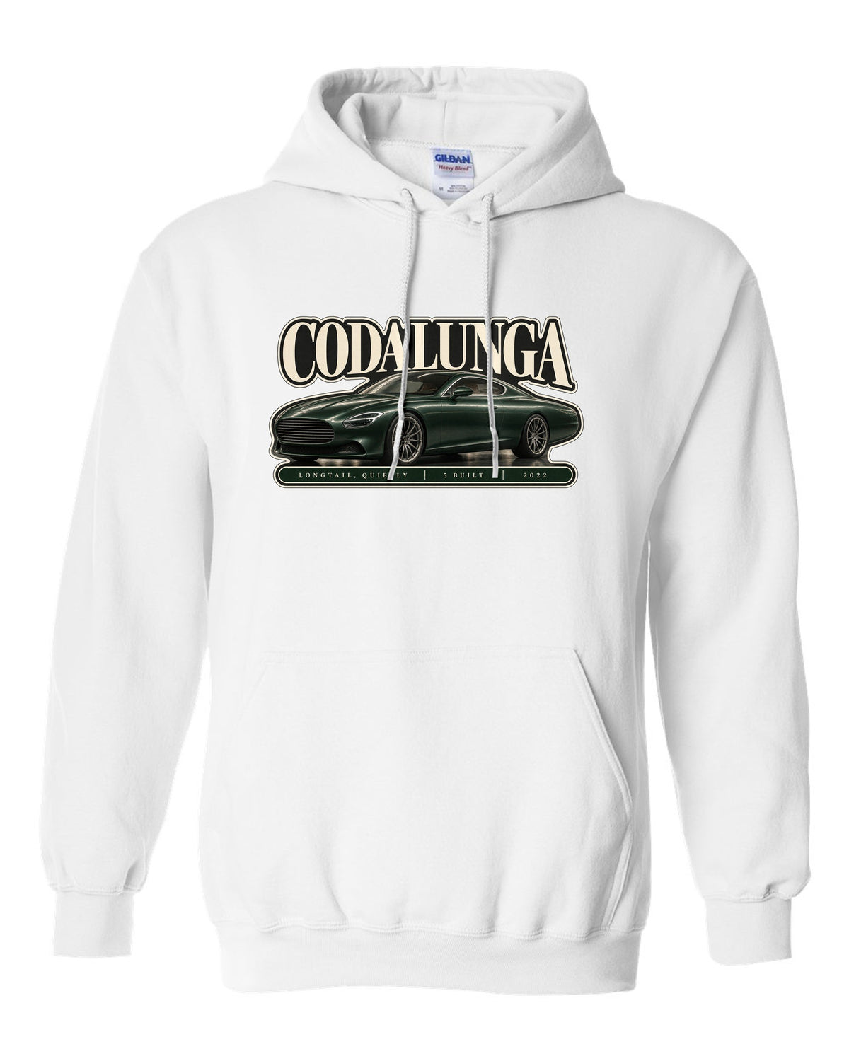 Editorial headline print of the Pagani Huayra Codalunga with the text Codalunga, longtail, quietly, 5 built, 2022 white pull over hoodie front view with the design