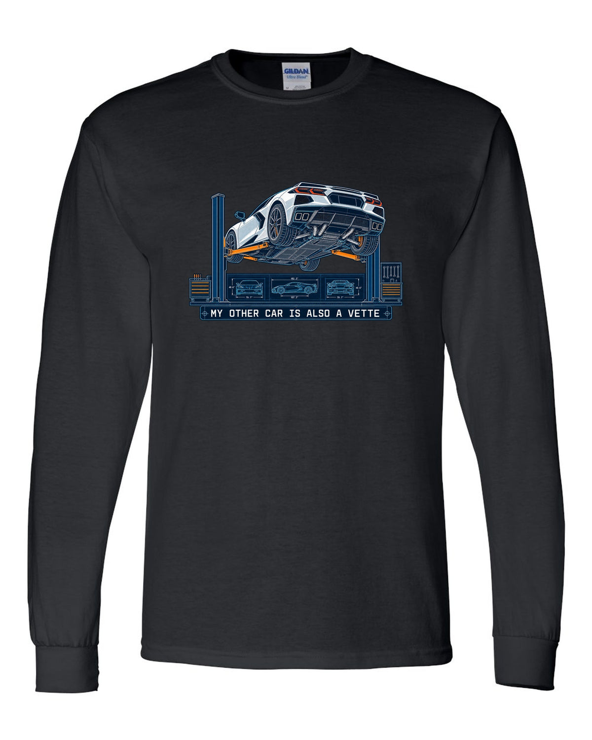Blueprint line art of a 2020 Chevrolet Corvette C8 Stingray on a workshop lift black long sleeve front view with the design