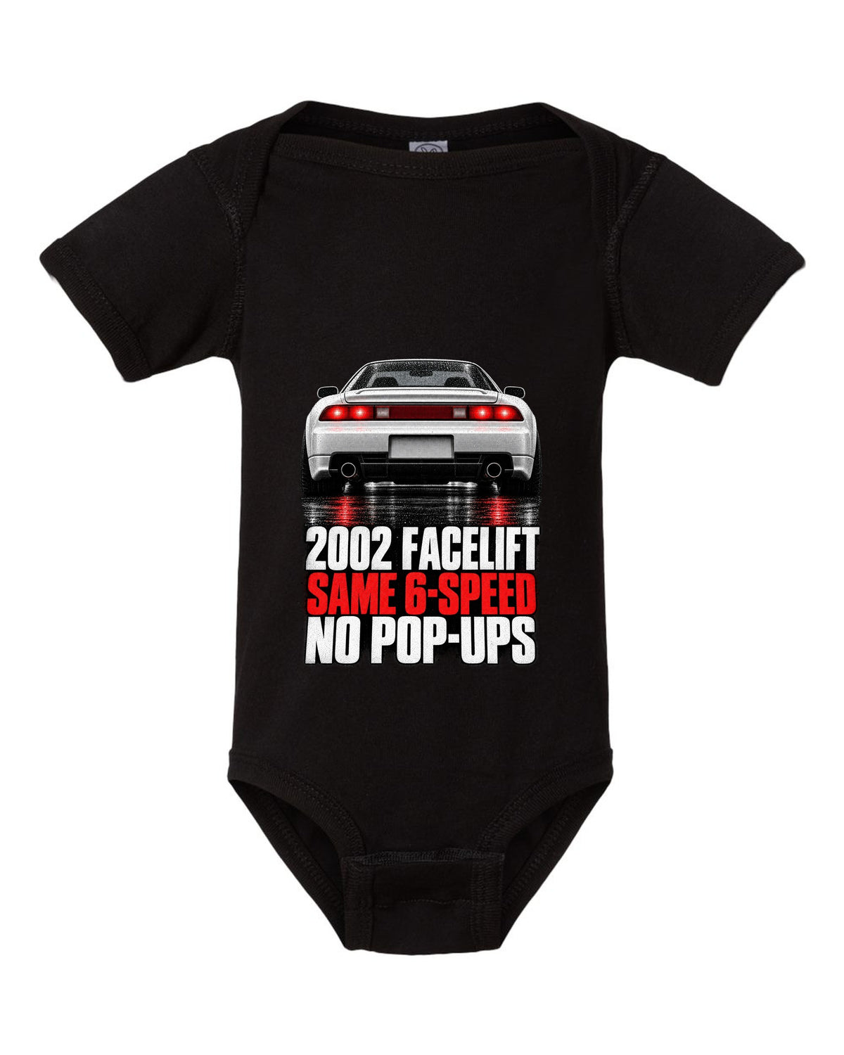 Honda NSX NA2 taillight detail design with 2002 facelift same 6-speed no pop-ups text black baby onesie front view with the design