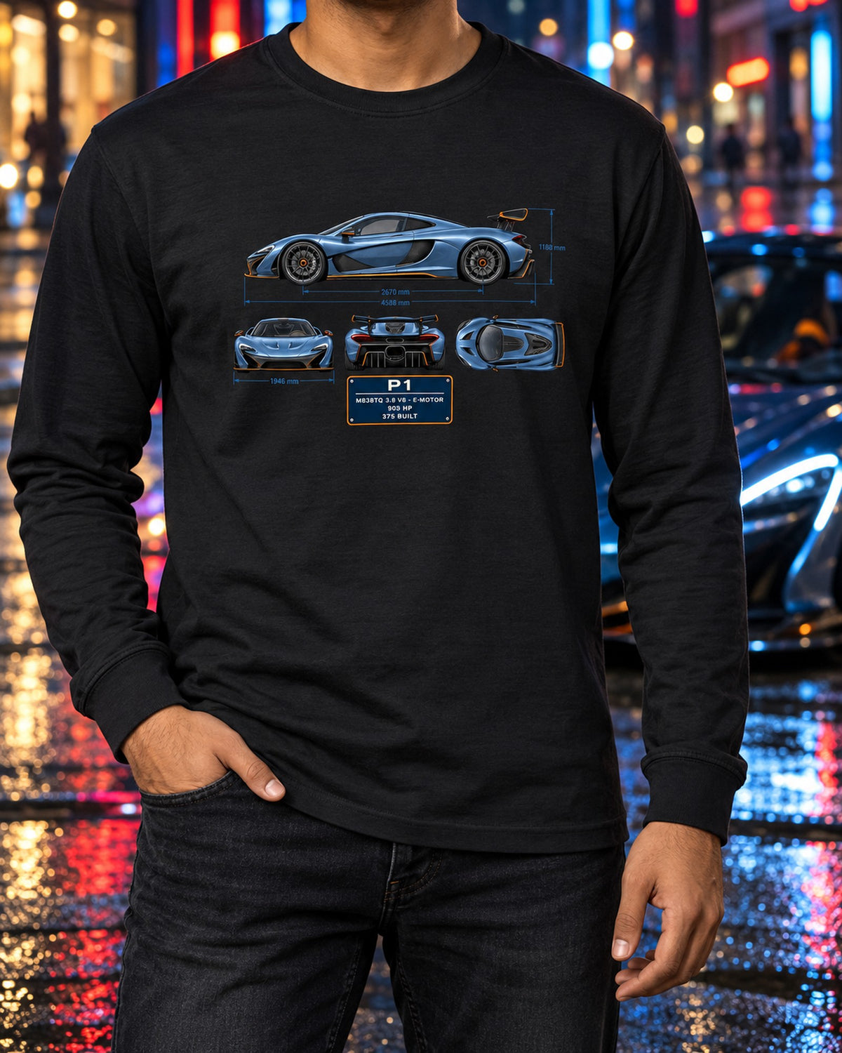 McLaren P1 Dimension Blueprint Shirt, Hybrid Hypercar Gift Long Sleeve Black worn hero