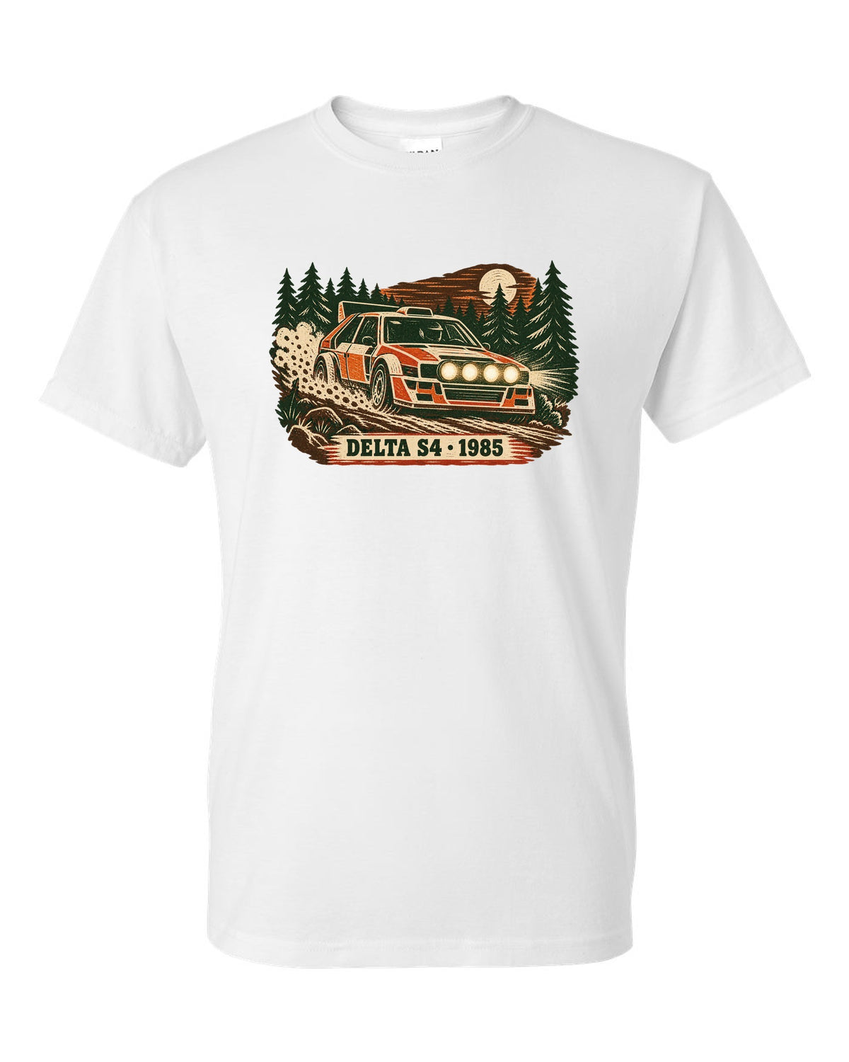 Multi-block linocut print of a 1985 Lancia Delta S4 on a forest rally stage white t-shirt front view with the design