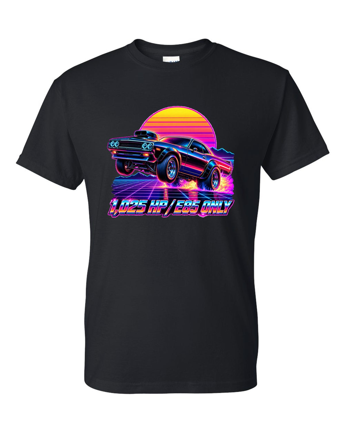 2023 Dodge Challenger Demon 170 synthwave neon outrun print with 1,025 HP E85 Only text black t-shirt front view with the design
