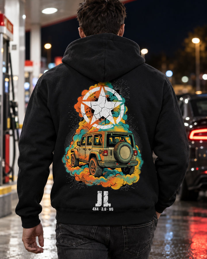 Jeep Wrangler JL Star Pull Over Hoodie & Zip Hoodie Zip Hoodie Black worn hero