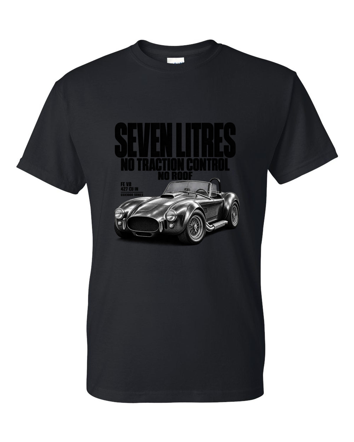 Shelby Cobra 427 Side-Oiler Halftone black t-shirt front view with the design