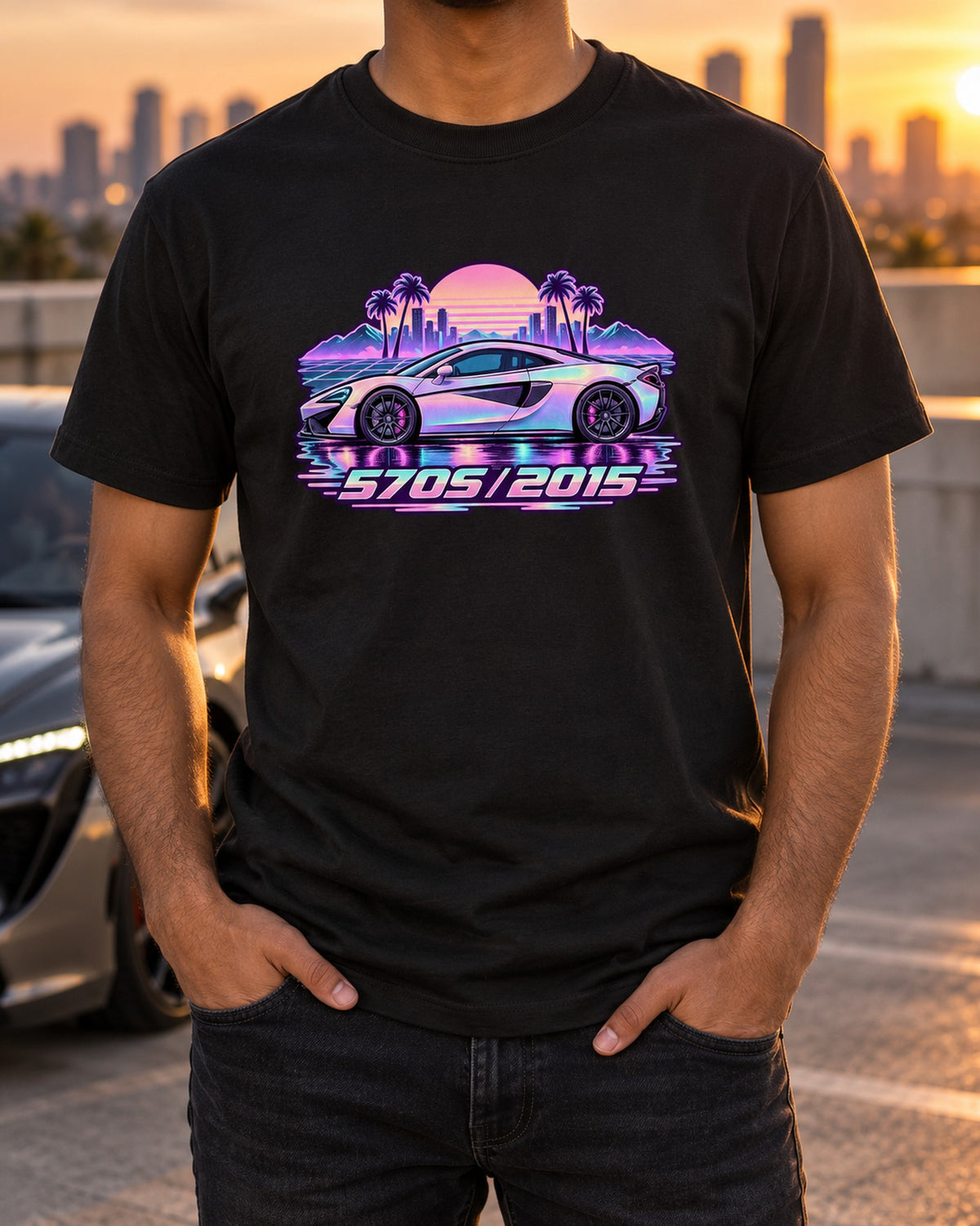 McLaren 570S 2015 Vaporwave Rain Shirt, Car Guy Gift T-Shirt Black worn hero
