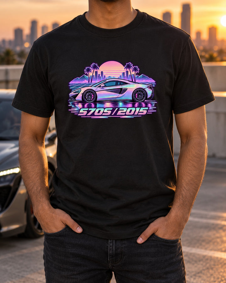 McLaren 570S 2015 Vaporwave Rain Shirt, Car Guy Gift T-Shirt Black worn hero