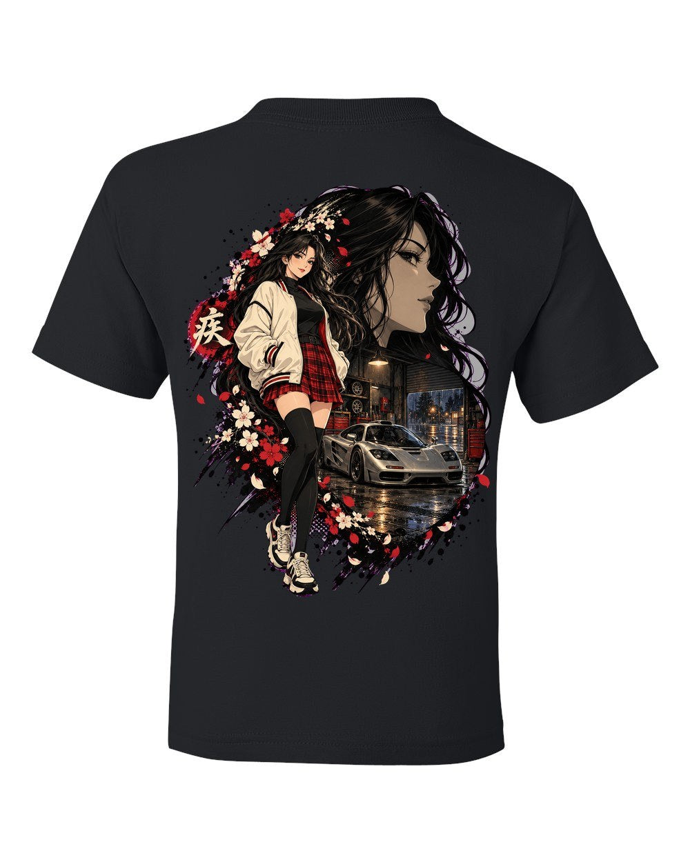 McLaren F1 Anime Girl Kids Tee Black back