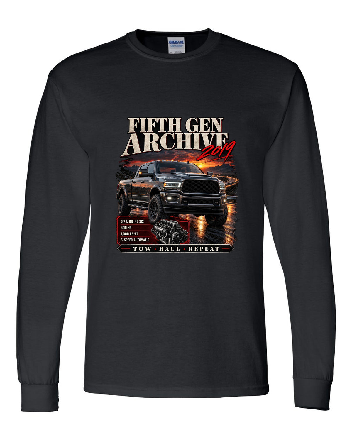 Archive panel print of a 2019 Ram HD 2500 6.7 HO diesel pickup with torque figure black long sleeve front view with the design