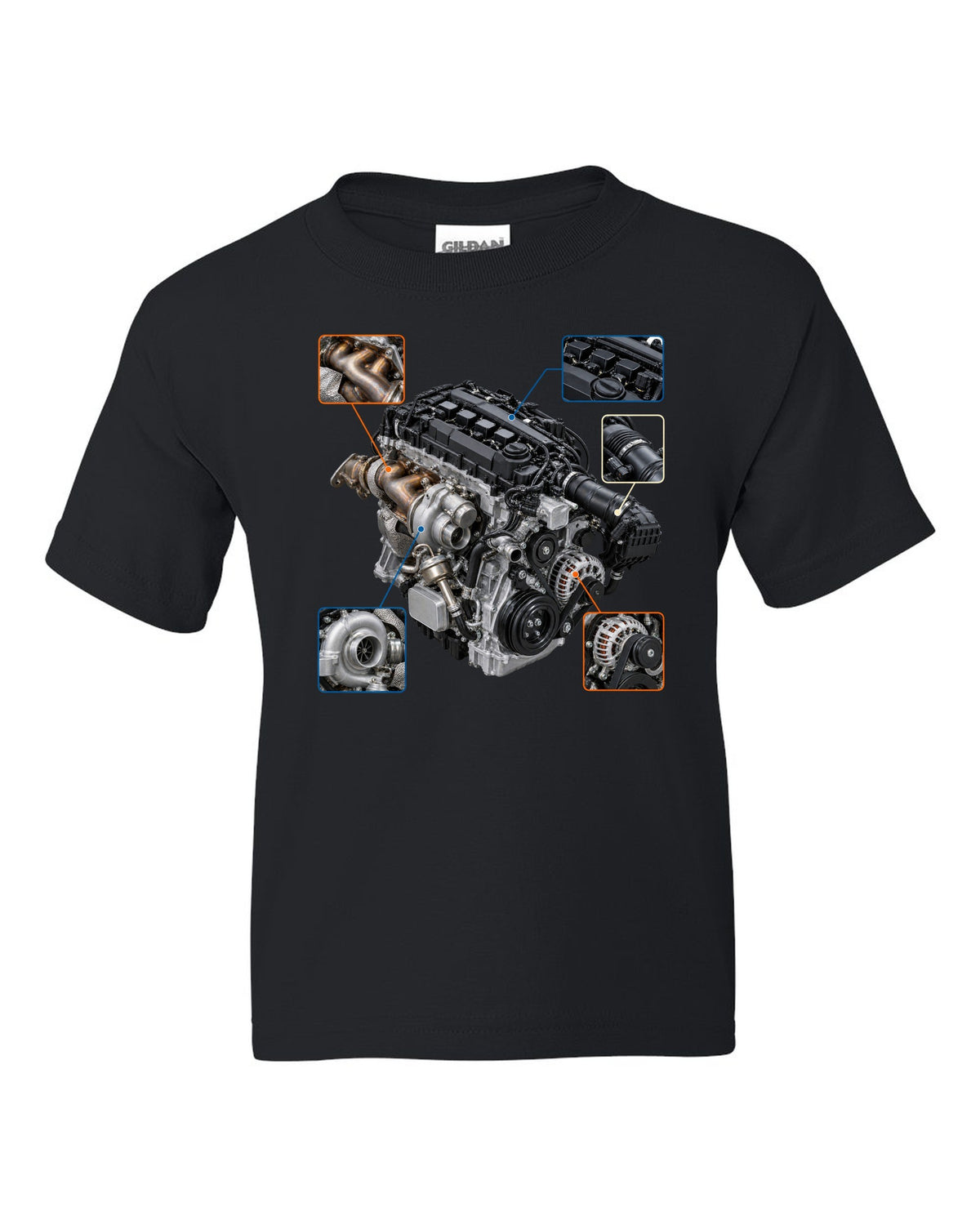 Graphite-blue Toyota GR86 ZN8 shown in three views with spec table black kids tee front view with the design