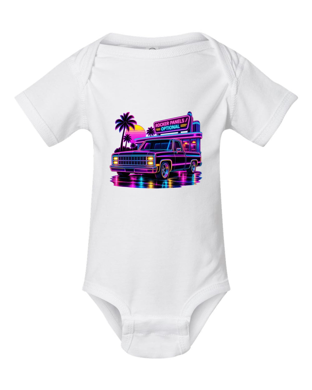 Neon synthwave line art print of a 1973-87 Chevrolet C10 Squarebody at a diner with rocker panels optional lettering white baby onesie front view with the design