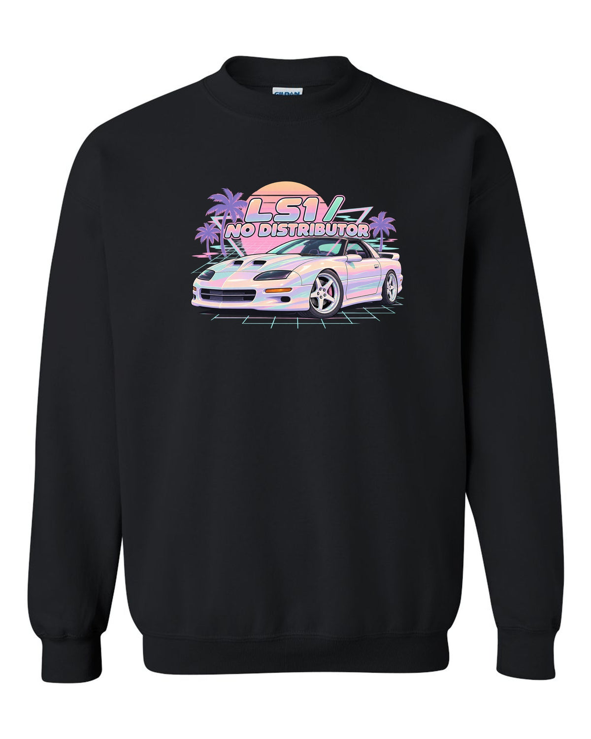 1998 Camaro SS fourth-generation on a pastel vaporwave grid with the text LS1 No Distributor black crewneck front view with the design