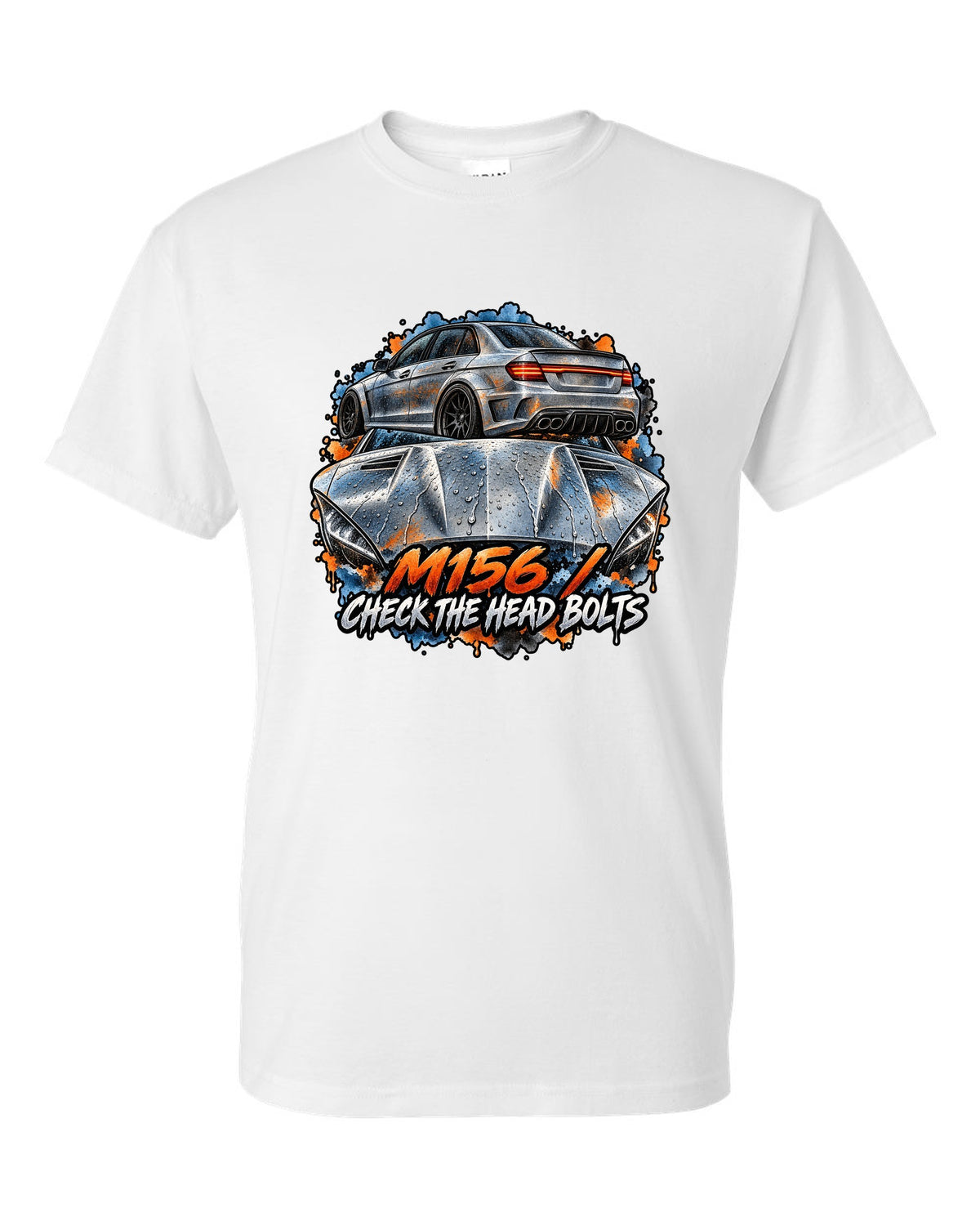 Technical blueprint line art of a cross-drilled brake and Mercedes C63 AMG W204 white t-shirt front view with the design