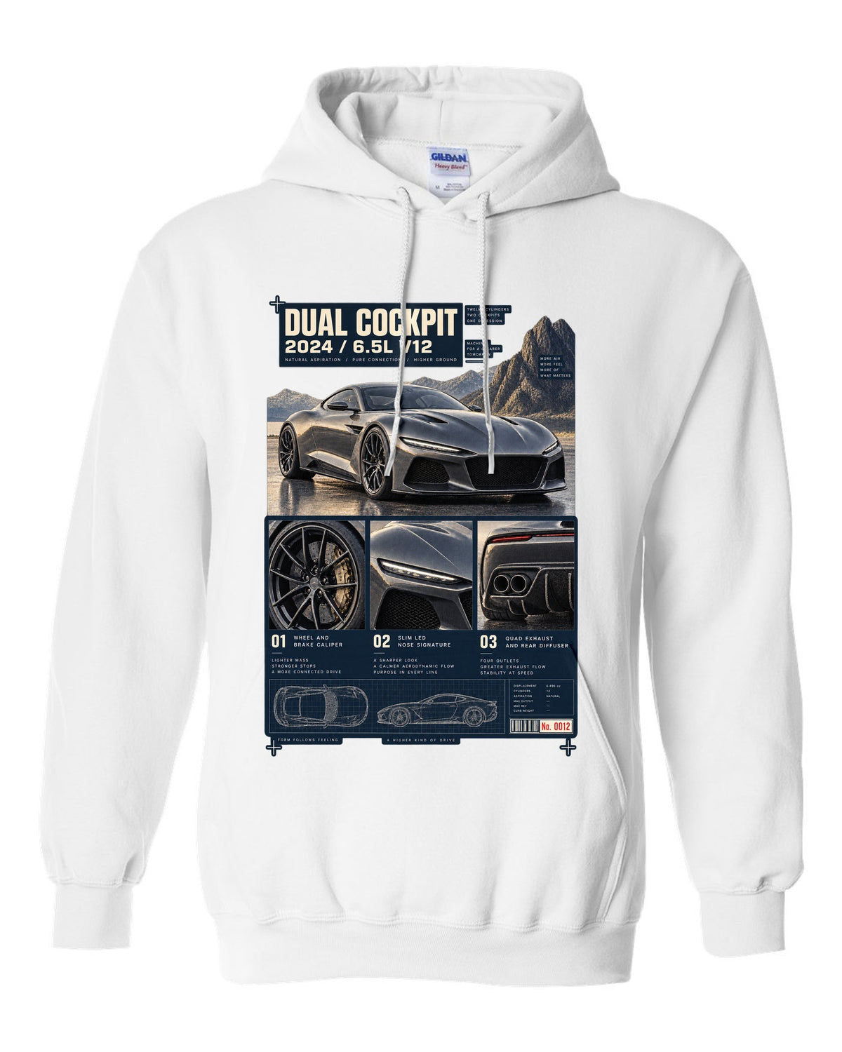 Dossier panel print of the Ferrari 12Cilindri with cockpit and V12 text white pull over hoodie front view with the design