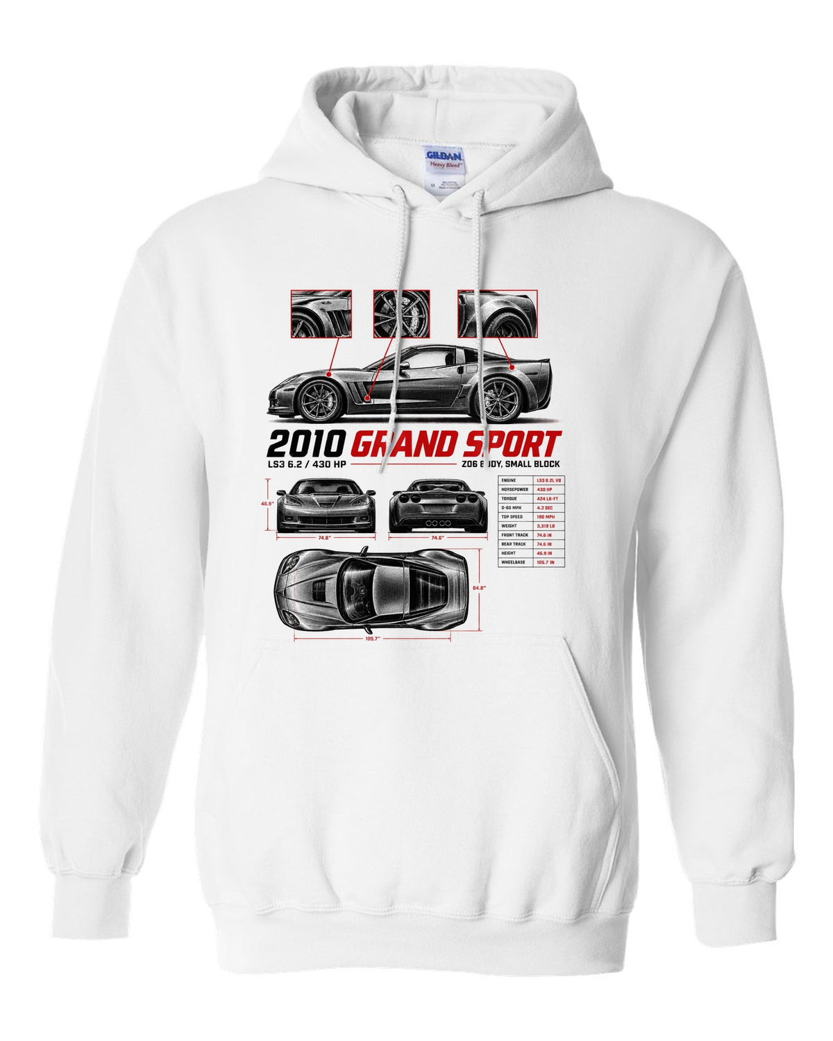 Corvette C6 Grand Sport 2010 with wide haunches, spec poster white pull over hoodie front view with the design