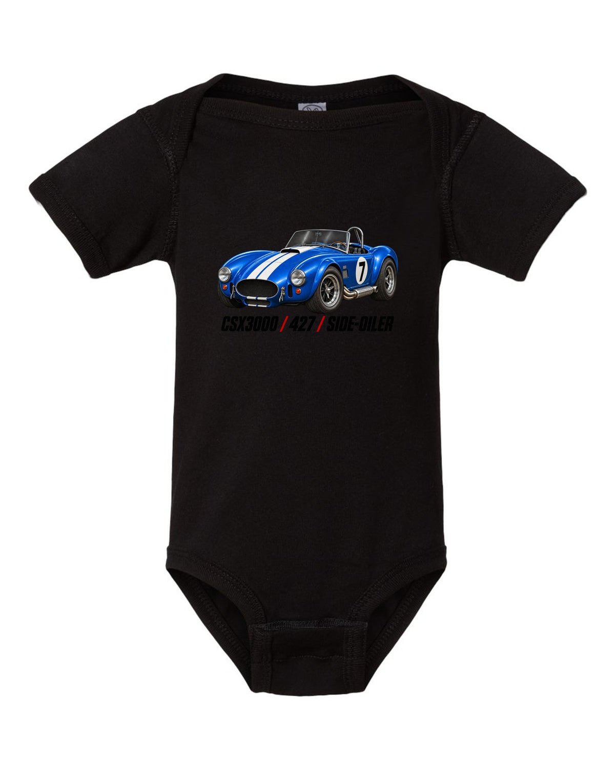 Shelby Cobra 427 CSX3000 Side-Oiler Racing Roundel black baby onesie front view with the design