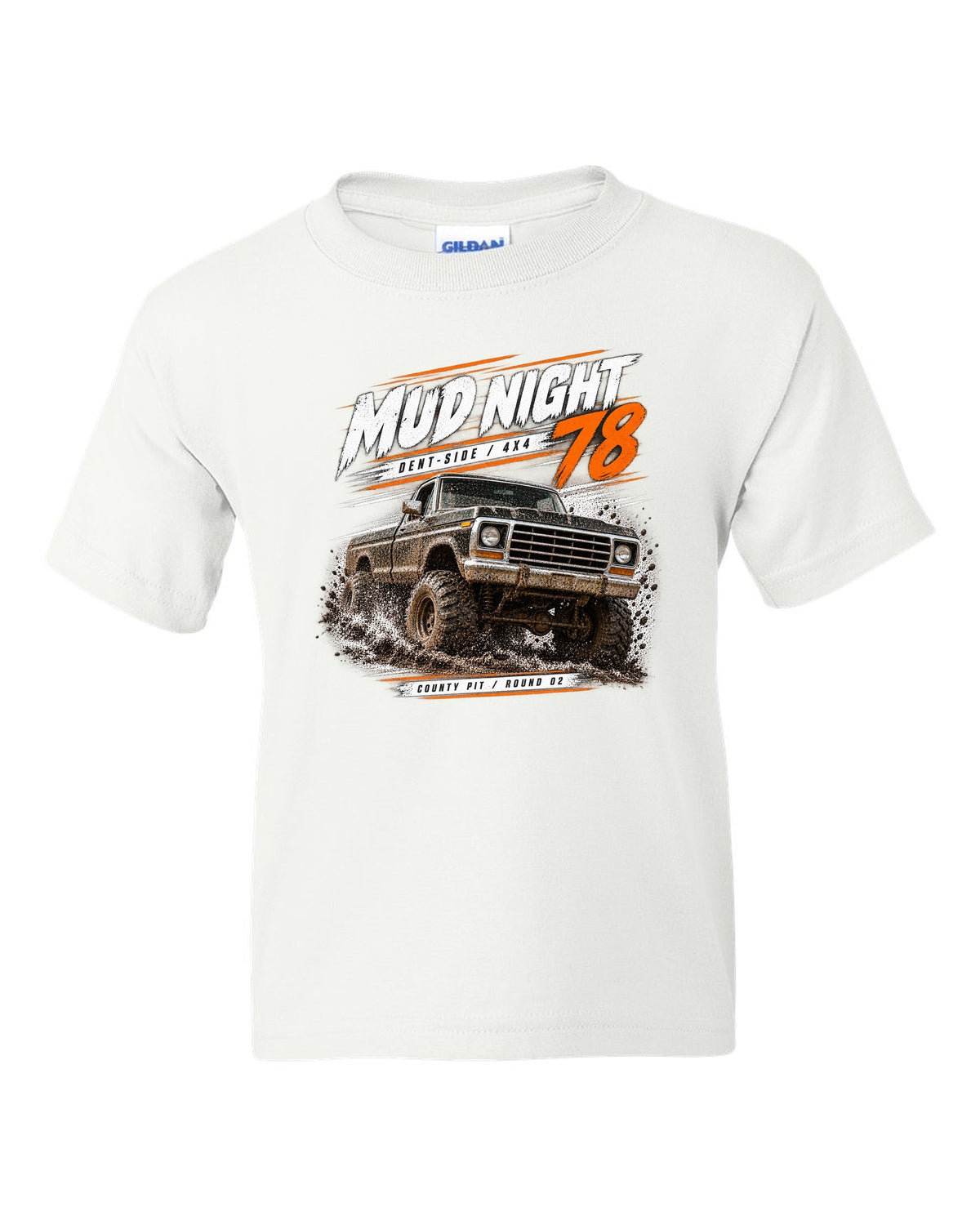 Ford F-150 Dent-Side 1973-79 4x4 Mud Night Race Poster Tee white kids tee front view with the design