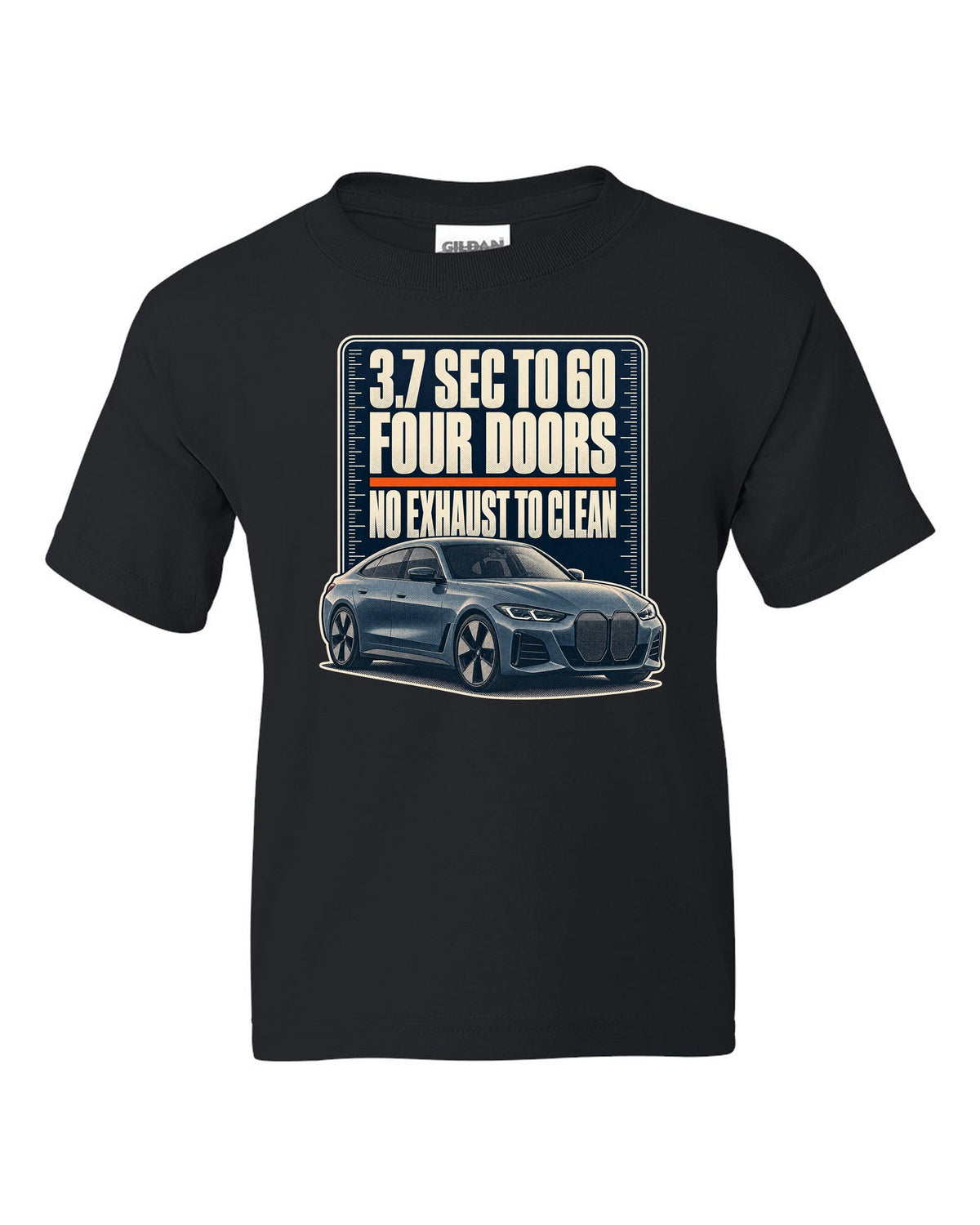 Halftone print of the BMW i4 M50 G26 with 3.7 second 0-60 time black kids tee front view with the design