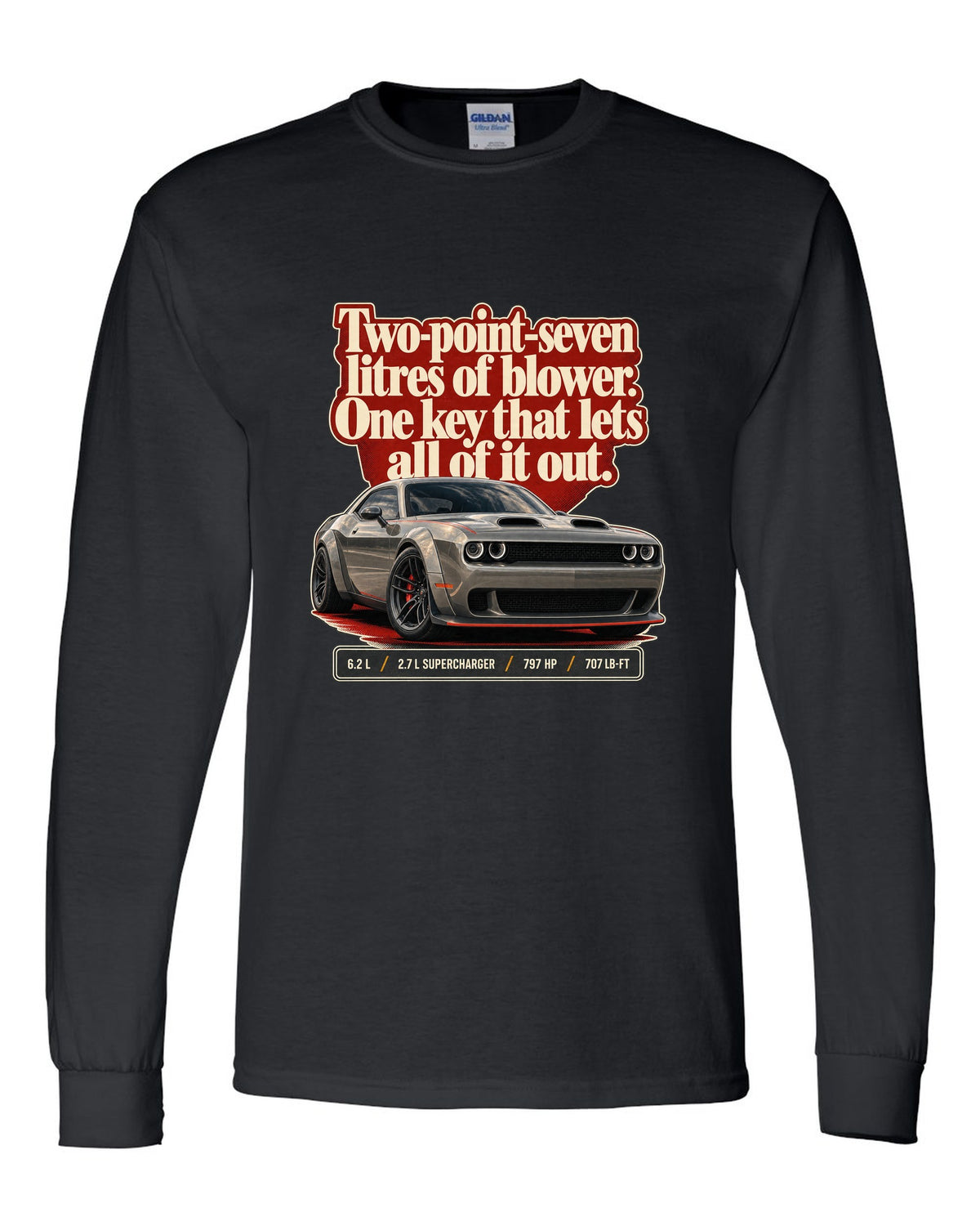 Dodge Challenger SRT Hellcat Redeye Widebody editorial headline print black long sleeve front view with the design