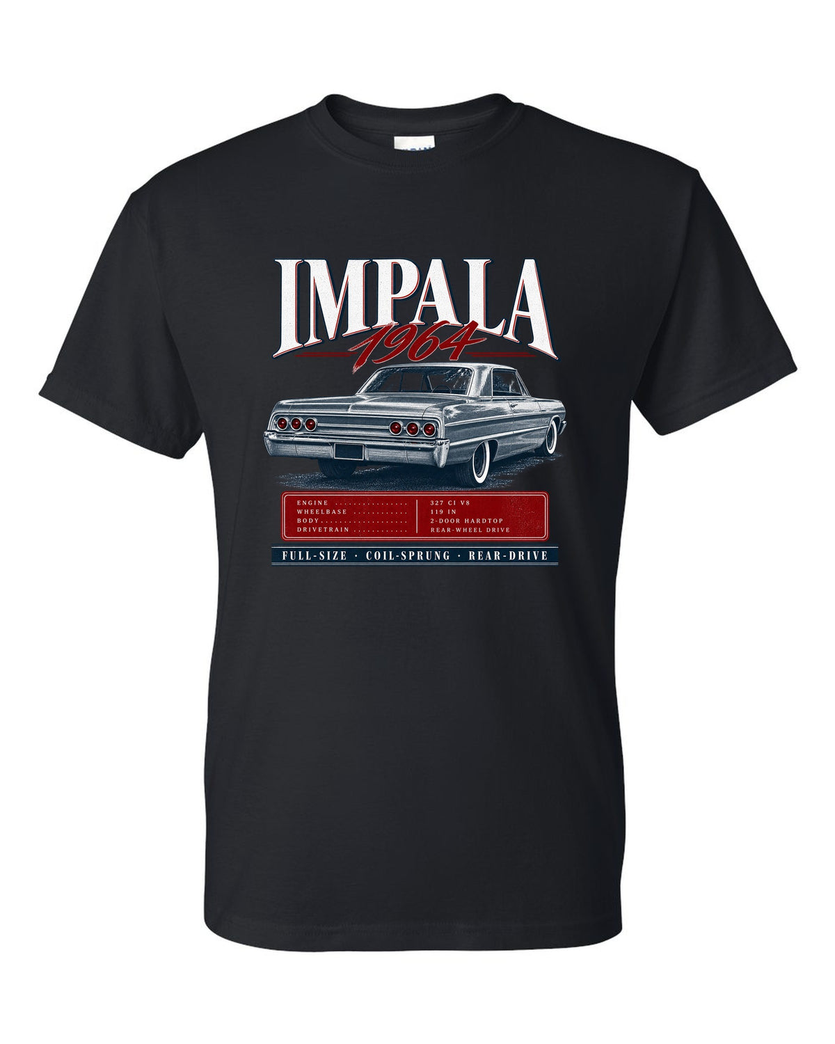 1964 Impala SS B-body rear three-quarter archive panel print black t-shirt front view with the design