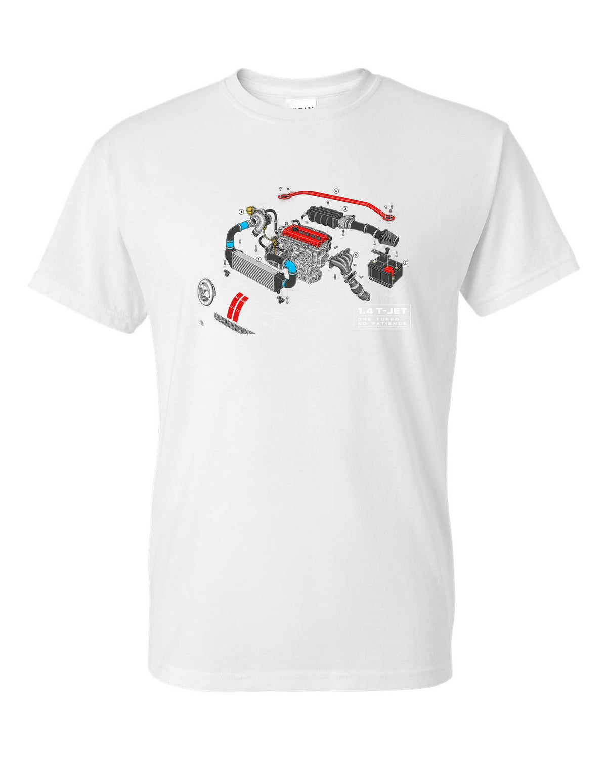 Exploded cutaway engine blueprint of the Abarth 695 1.4 T-Jet white t-shirt front view with the design