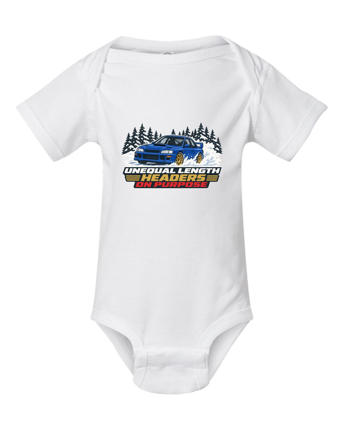 Flat vector print of a Subaru Impreza WRX STI GC8 with unequal length headers on purpose lettering white baby onesie front view with the design