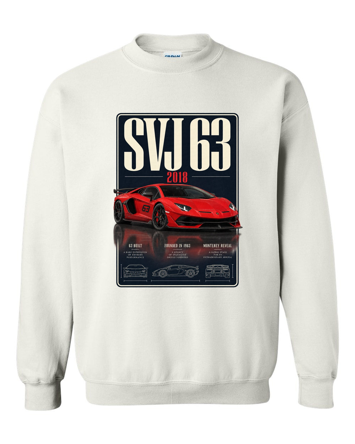 Archive panel print of the Lamborghini Aventador SVJ 63 limited edition white crewneck front view with the design