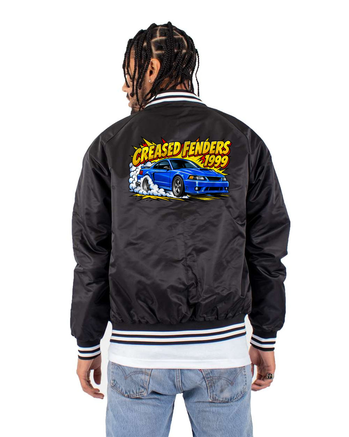1999-2004 New Edge Mustang Coupe Comic Pop Art Burnout Tee Bomber Jacket Black back