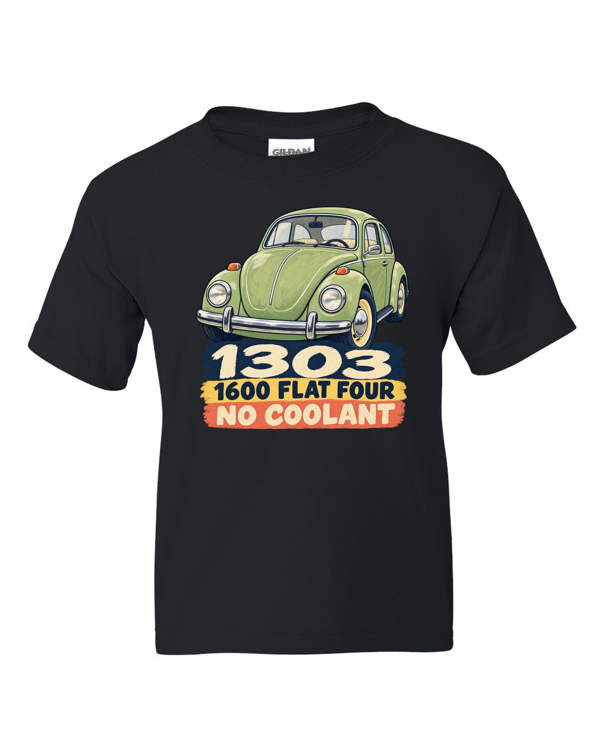 Gouache-style painted flat colour print of a VW Beetle Type 1 1303 with 1600 flat four lettering black kids tee front view with the design
