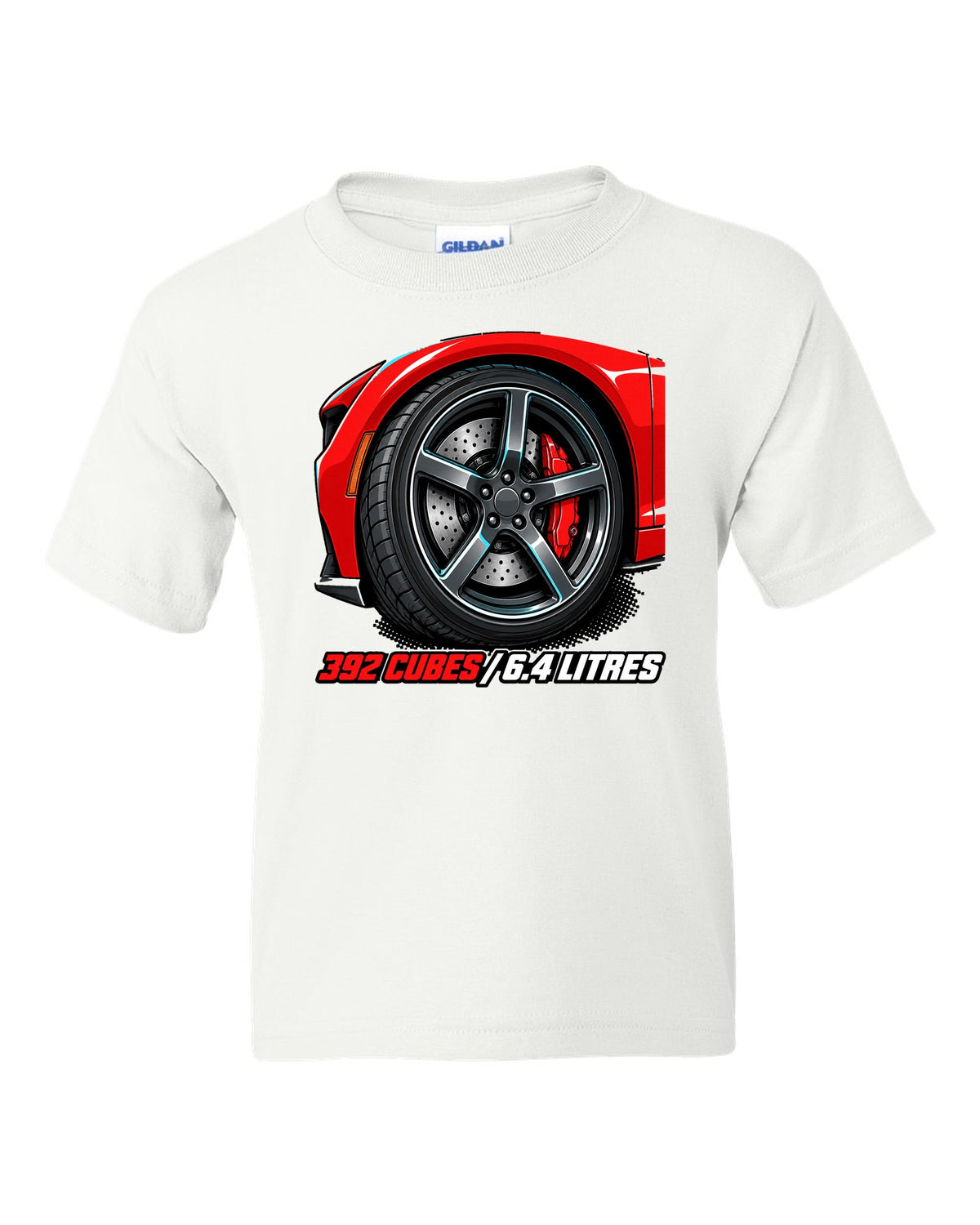 Bold monoline print with halftone shadow of a 2018 Dodge Challenger SRT 392 white kids tee front view with the design