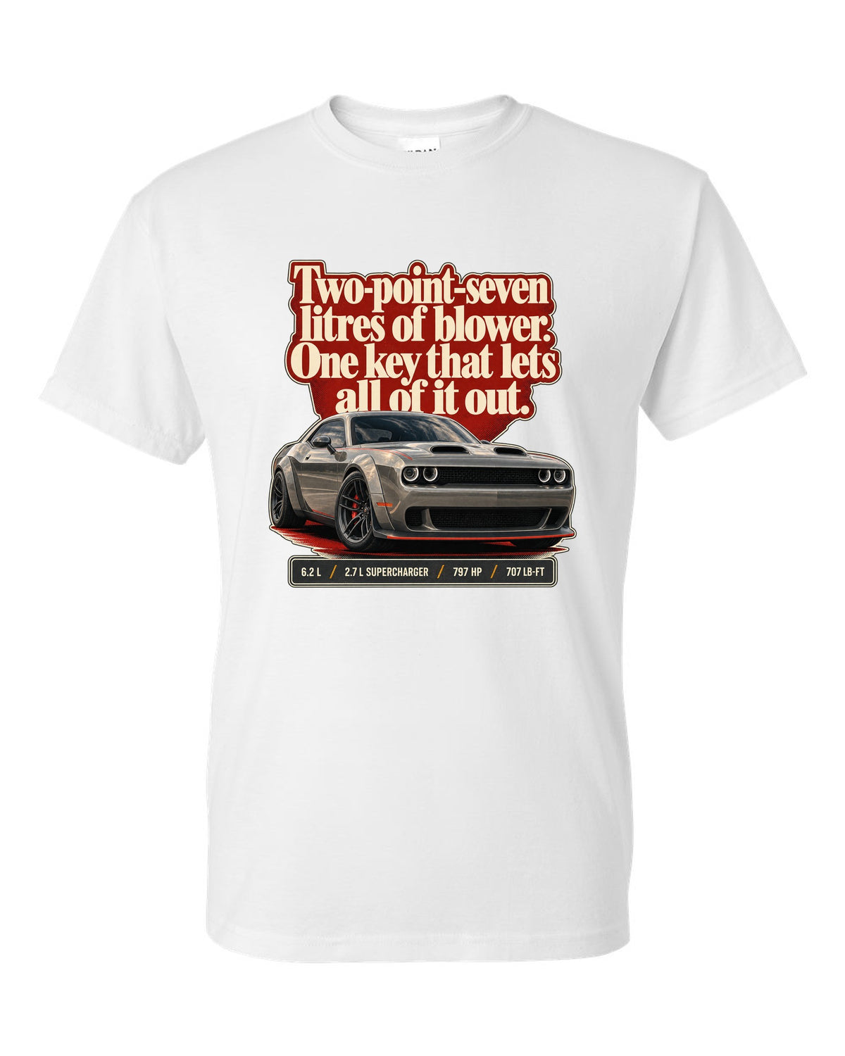 Dodge Challenger SRT Hellcat Redeye Widebody editorial headline print white t-shirt front view with the design
