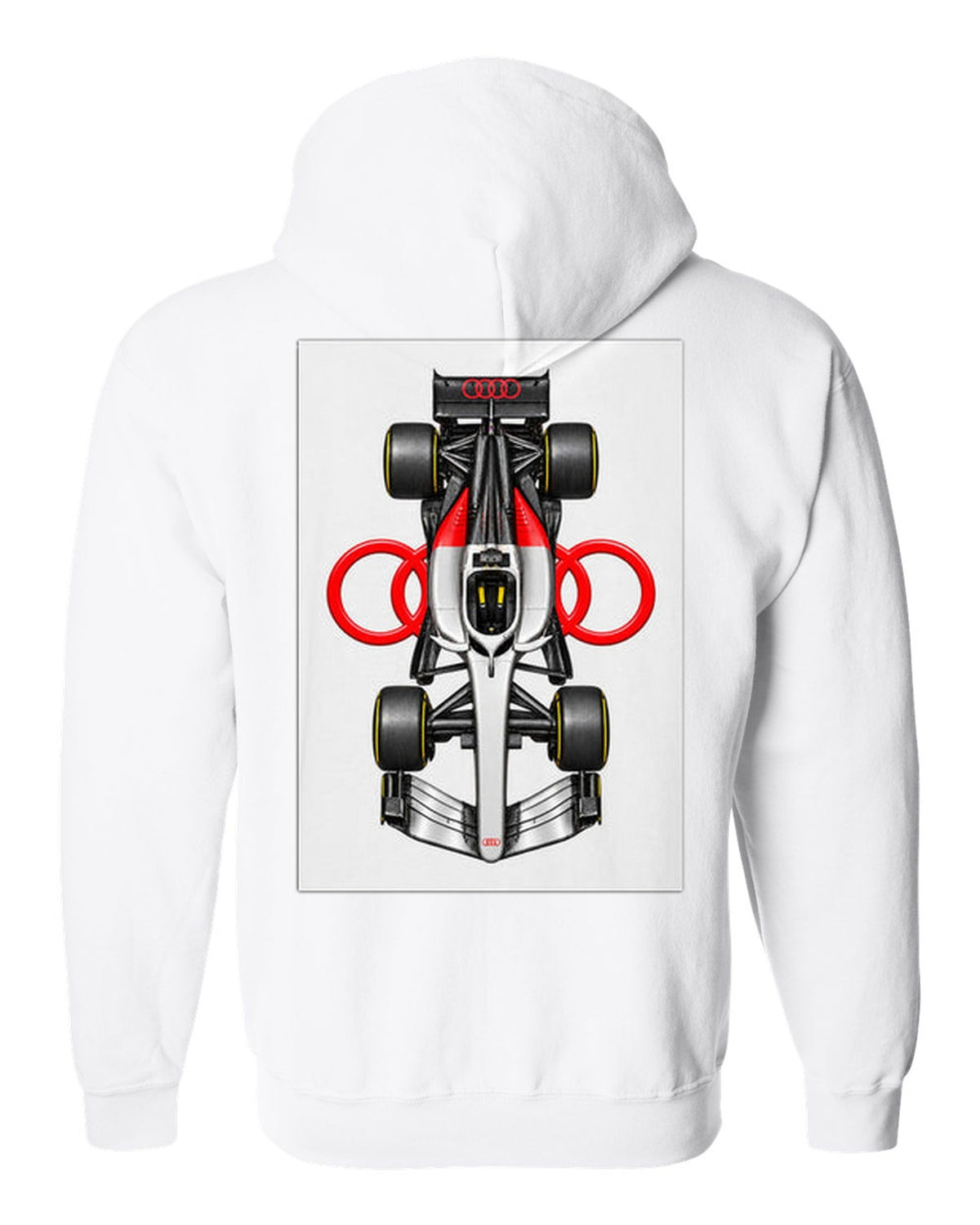 Audi R26 Formula 1 overhead poster artwork white zip hoodie back view with the design