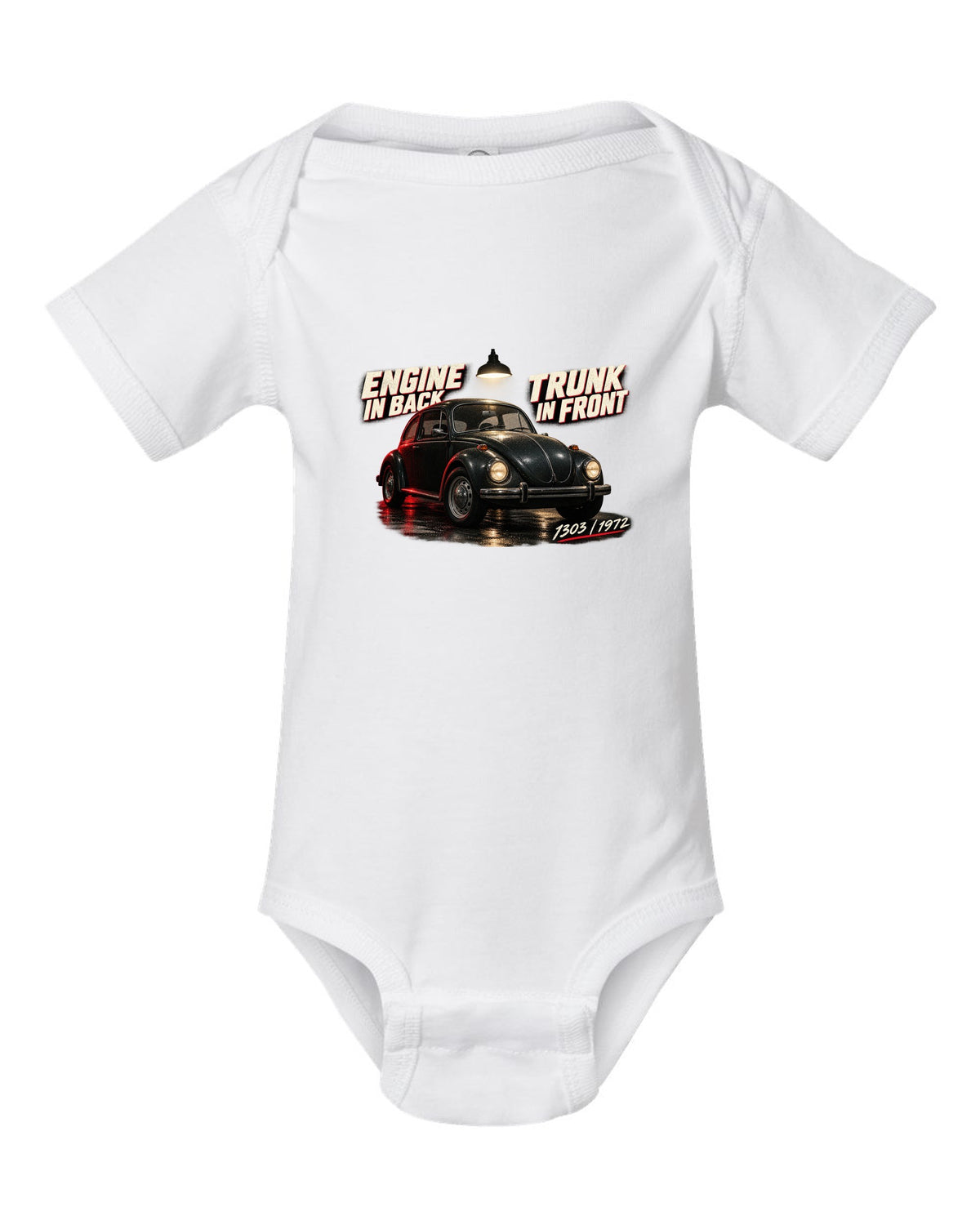 Garage night print of a VW Beetle 1303 front three-quarter with engine in back trunk in front text white baby onesie front view with the design