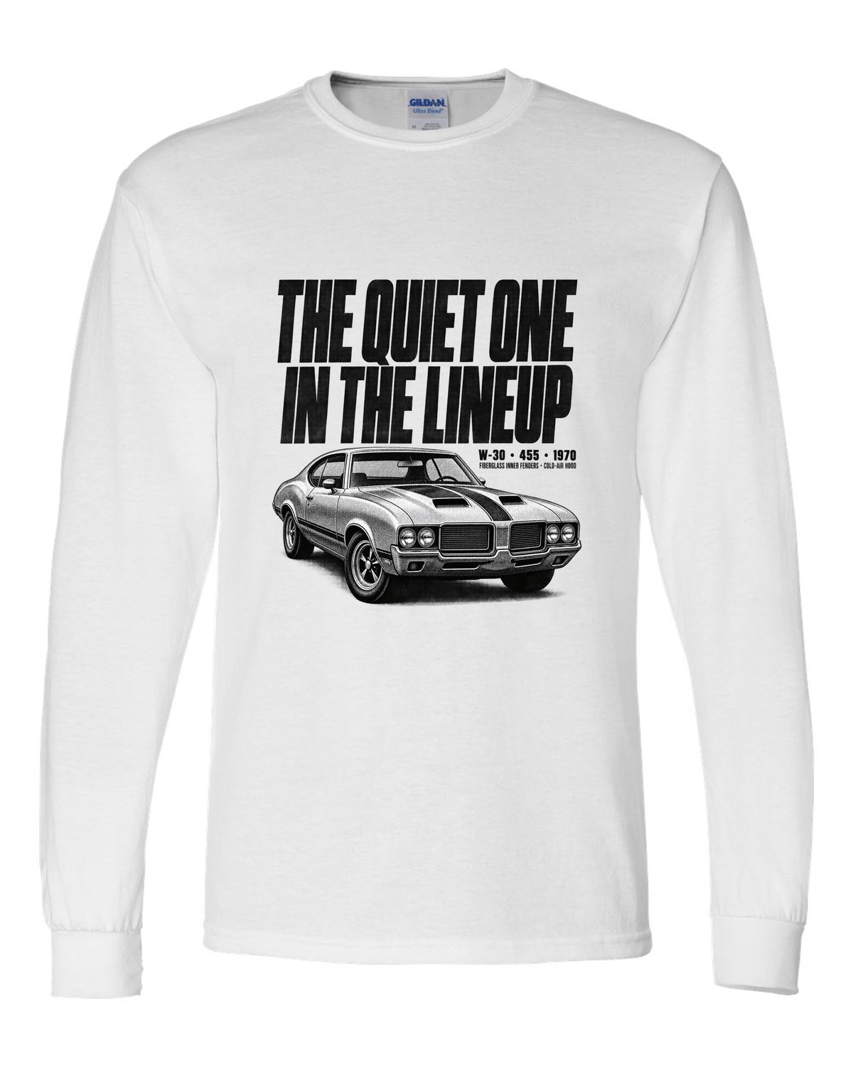 1970 Oldsmobile 442 W-30 halftone print with 455 and cold-air hood text white long sleeve front view with the design
