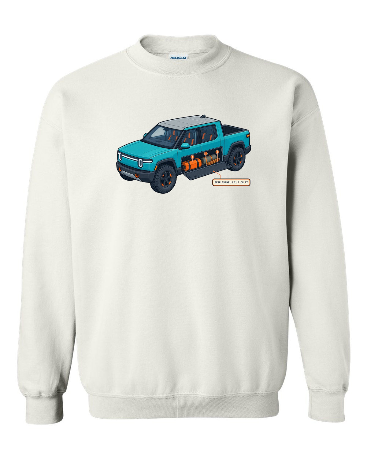 Isometric cutaway technical illustration print of a Rivian R1T reading Gear Tunnel 11.7 Cu Ft white crewneck front view with the design