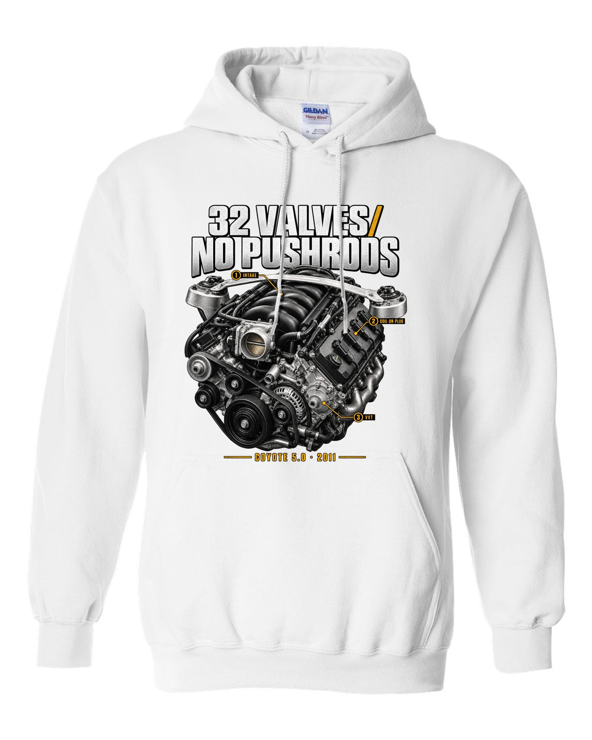 print of a Ford Mustang S197 GT 5.0 Coyote engine bay with callouts white pull over hoodie front view with the design