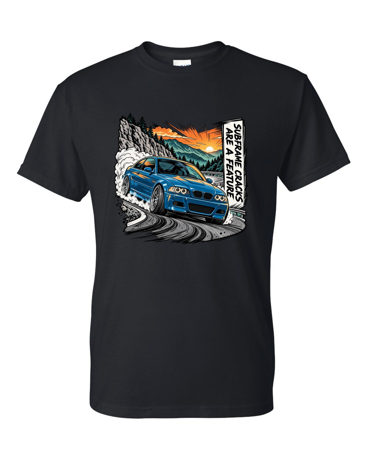 Retro manga halftone panel illustration of a BMW E46 M3 coupe on a mountain pass black t-shirt front view with the design