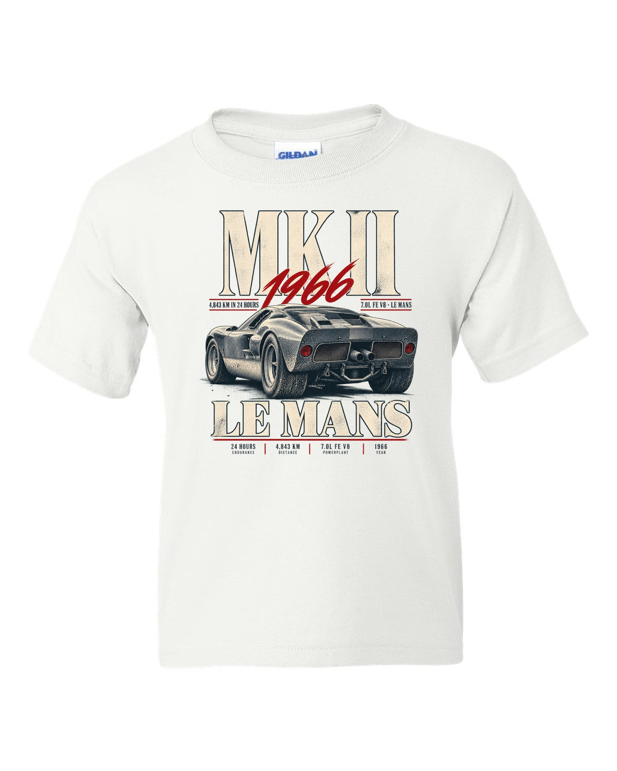Editorial print of a 1966 Ford GT40 Mk II rear three-quarter view with Le Mans distance white kids tee front view with the design