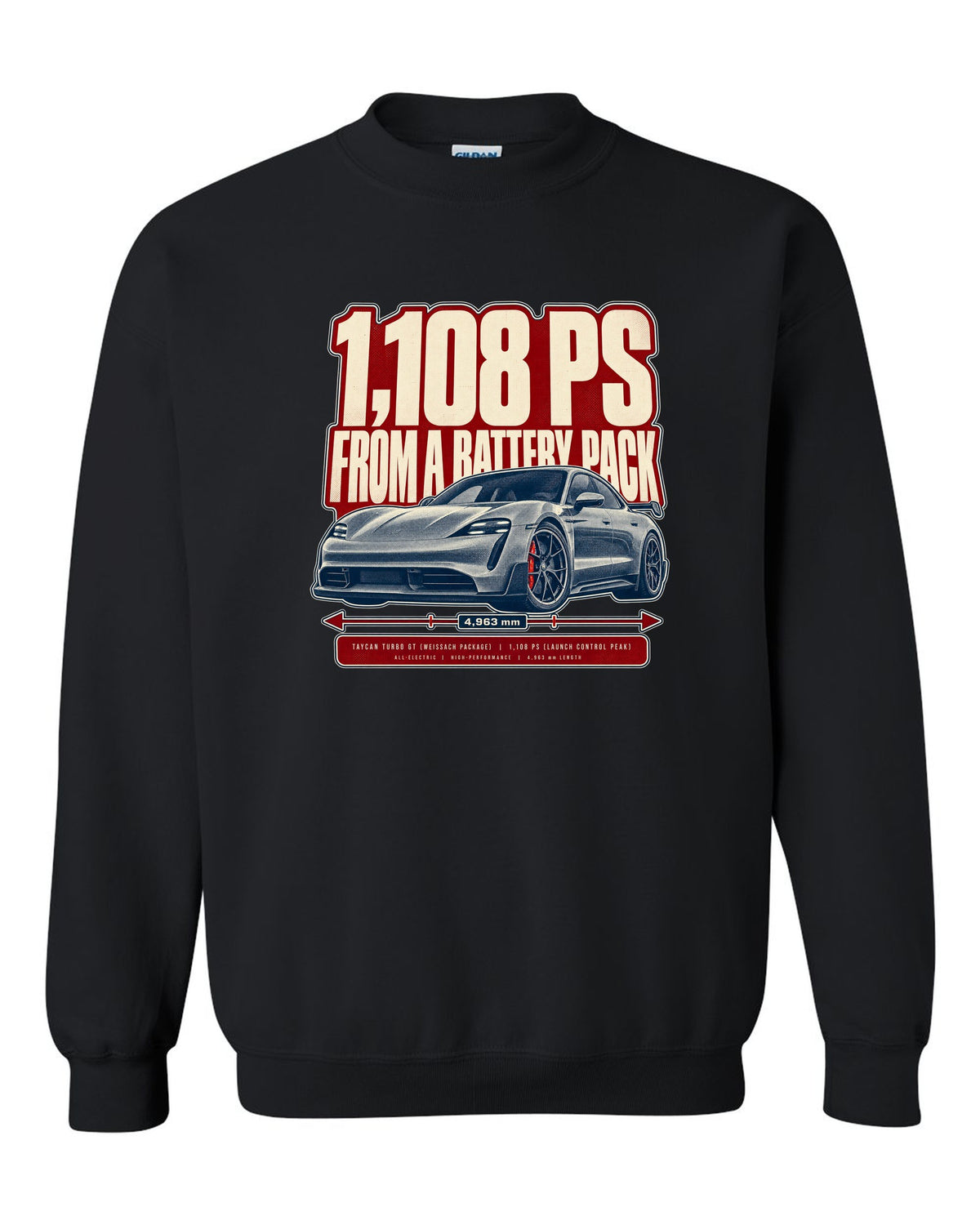 Halftone print of a low front three-quarter Porsche Taycan Turbo GT with 1,108 PS text black crewneck front view with the design
