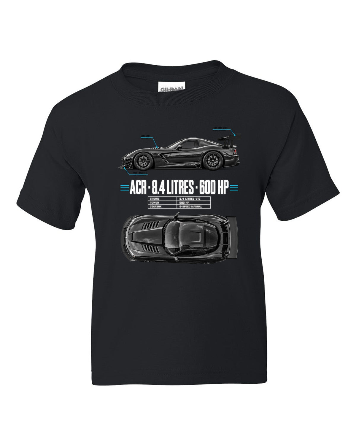 2008 Dodge Viper ACR ZB II top-down and profile spec poster print black kids tee front view with the design