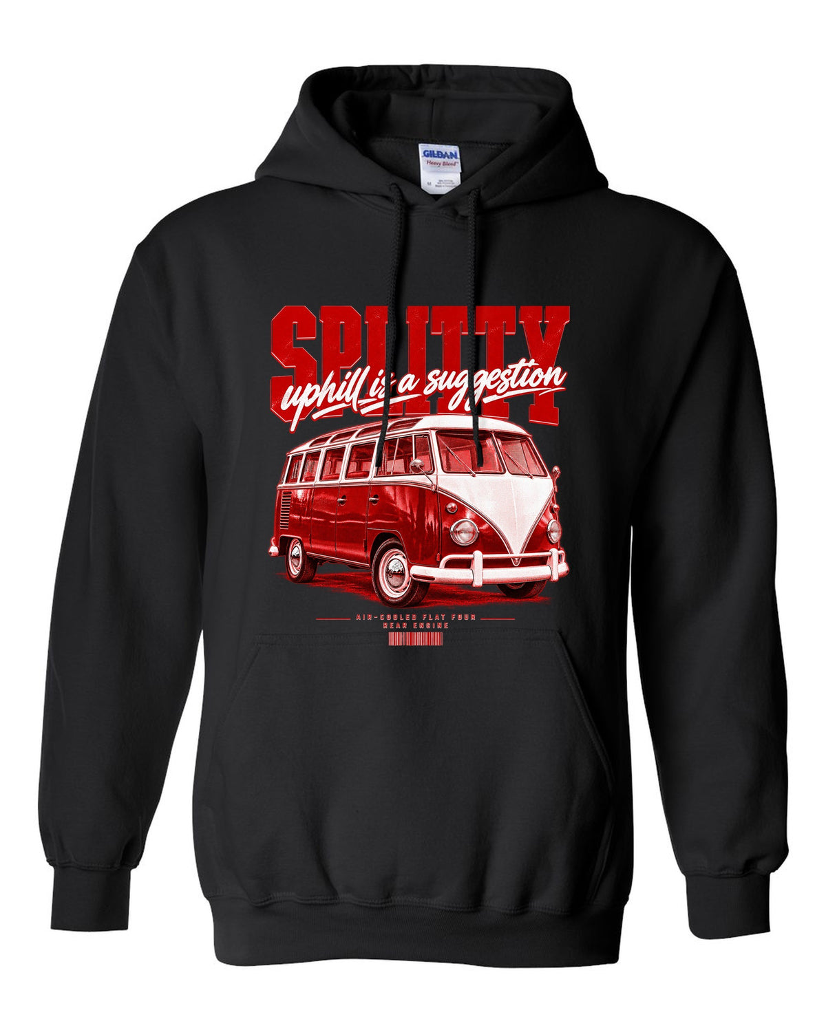 Street poster print of a 1963 VW T1 split-window bus with air-cooled flat-four text black pull over hoodie front view with the design