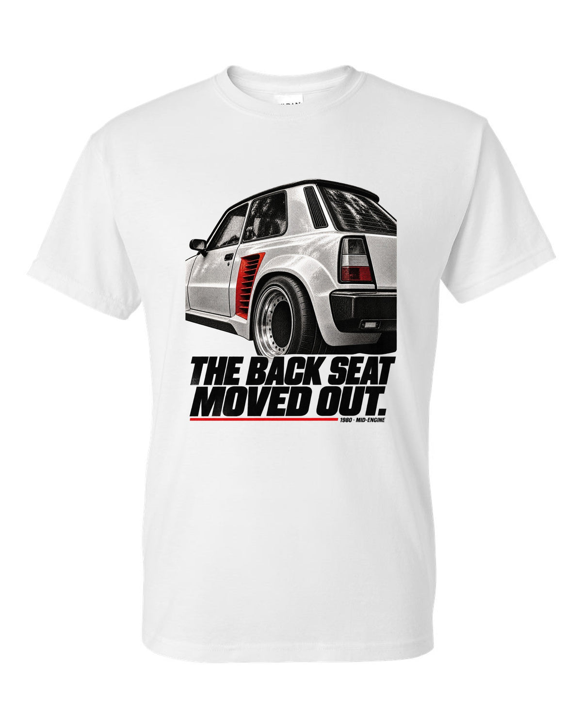 Renault 5 Turbo rear detail macro print with back seat caption white t-shirt front view with the design