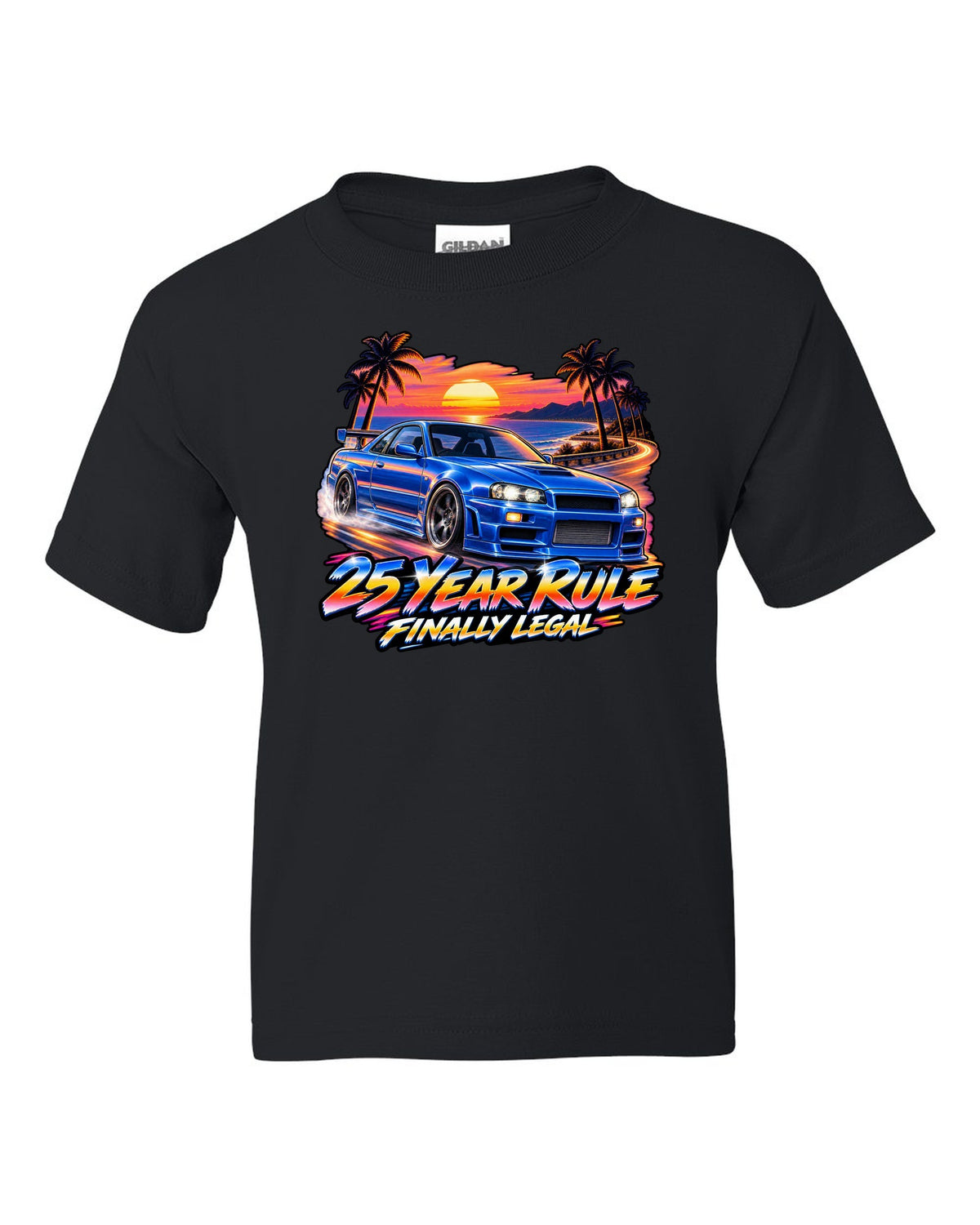 Retro airbrush sunset poster print of a Nissan Skyline GT-R R34 BNR34 with 25 year rule text black kids tee front view with the design