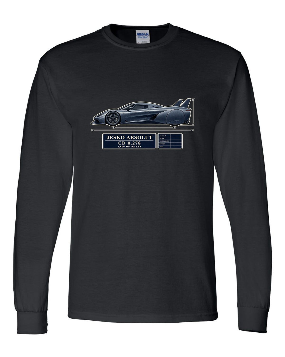 Blueprint drawing of the Koenigsegg Jesko Absolut with twin tail fins and no wing, print black long sleeve front view with the design