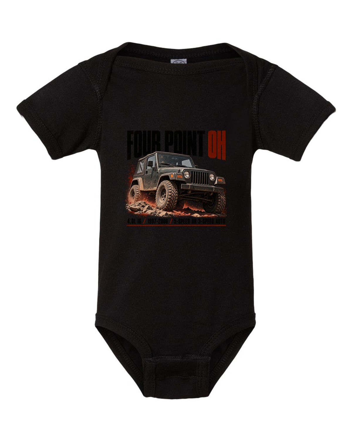 Halftone print for the Jeep Wrangler TJ 4.0L I6, 1997-2006 black baby onesie front view with the design