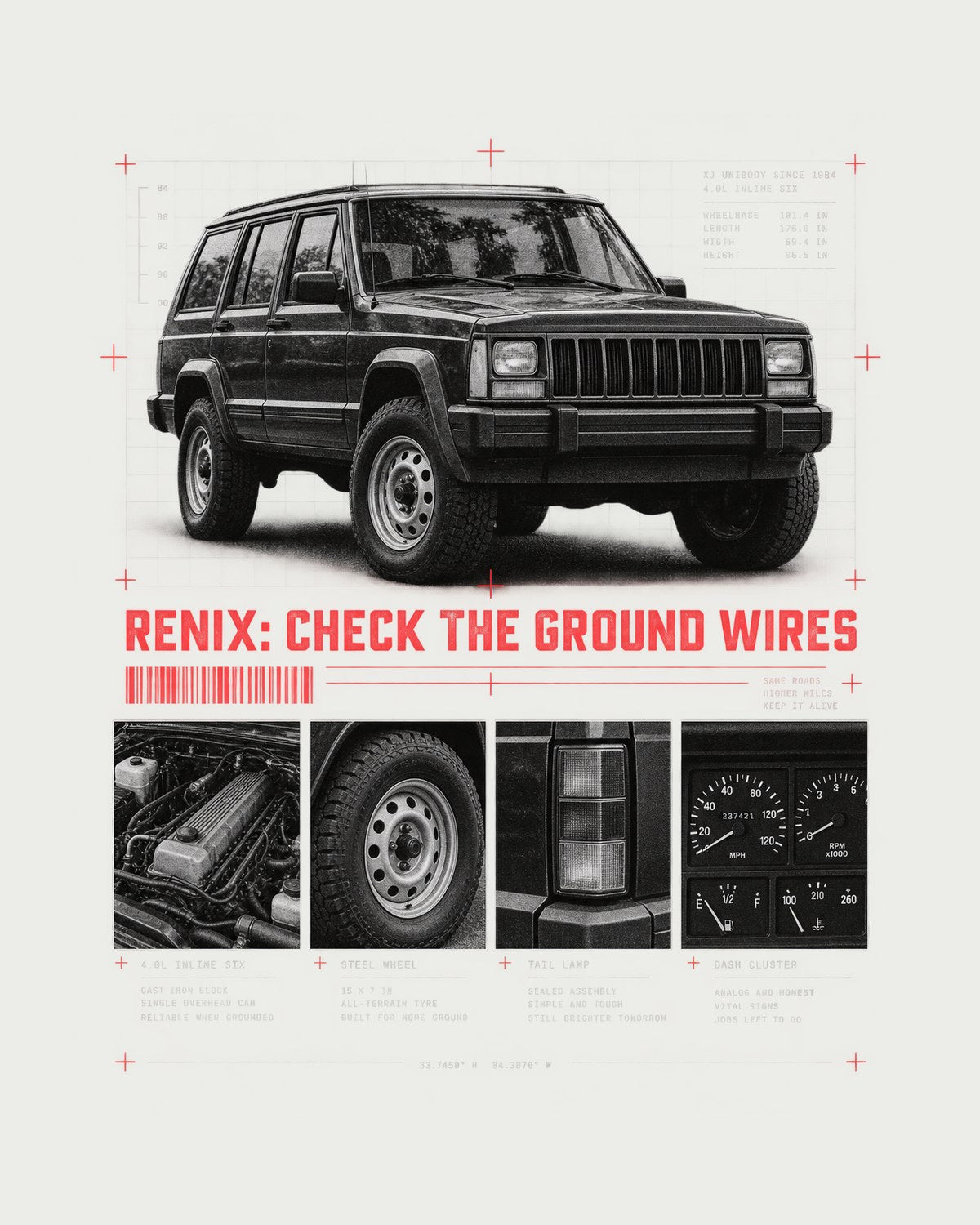 Jeep Cherokee XJ Renix Era Dossier Tee, 1987-1990 4.0L design only
