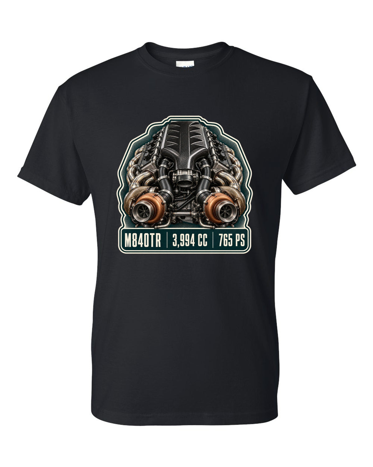 Engine hero print of the McLaren 765LT M840TR V8 black t-shirt front view with the design