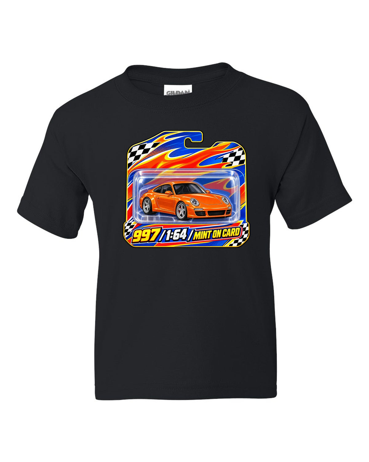 Sticker-bomb collage print of a Porsche 911 996 Carrera with the text 996 IMS never heard of it black kids tee front view with the design