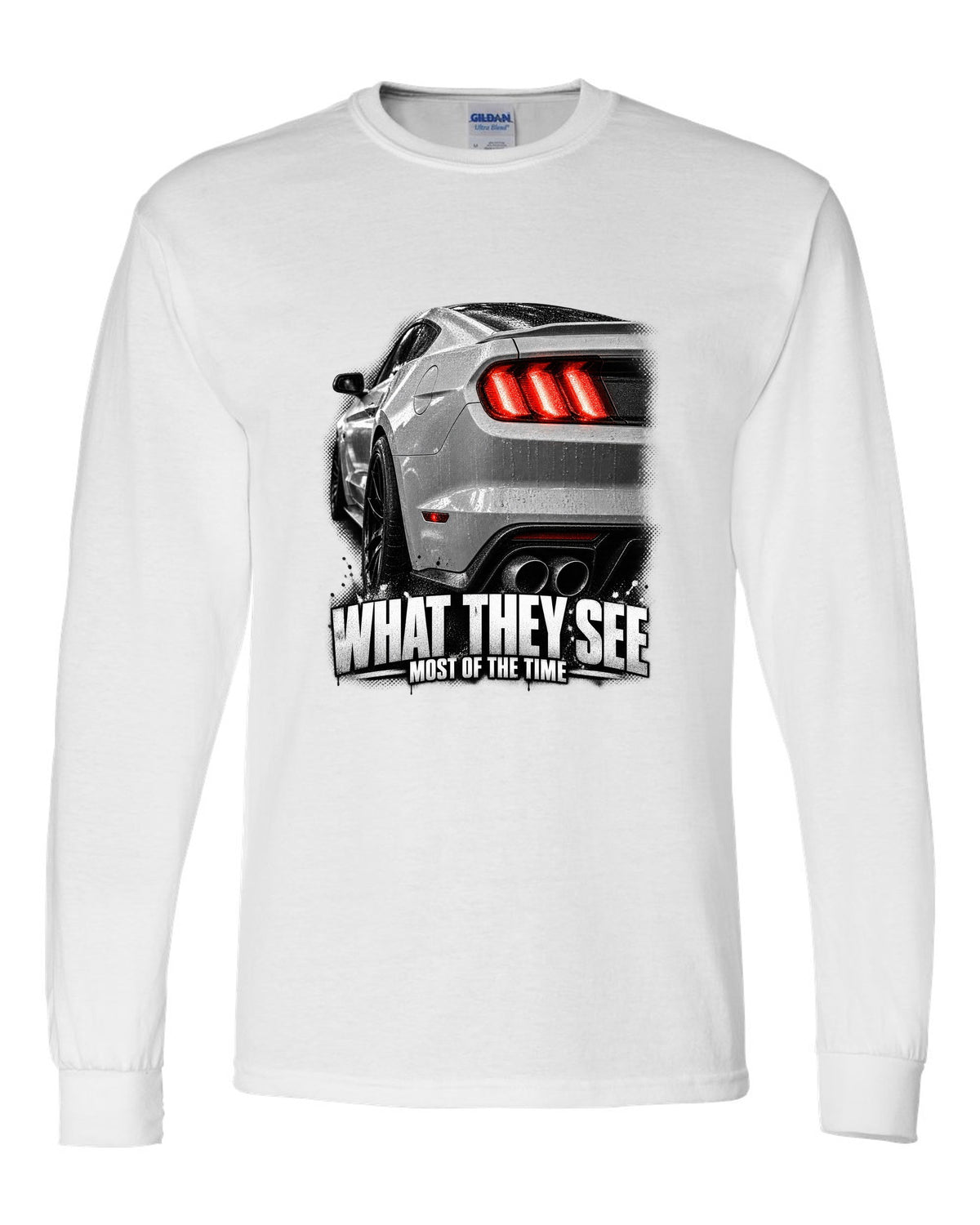 Macro print of a 2015-17 Ford Mustang S550 GT taillight white long sleeve front view with the design