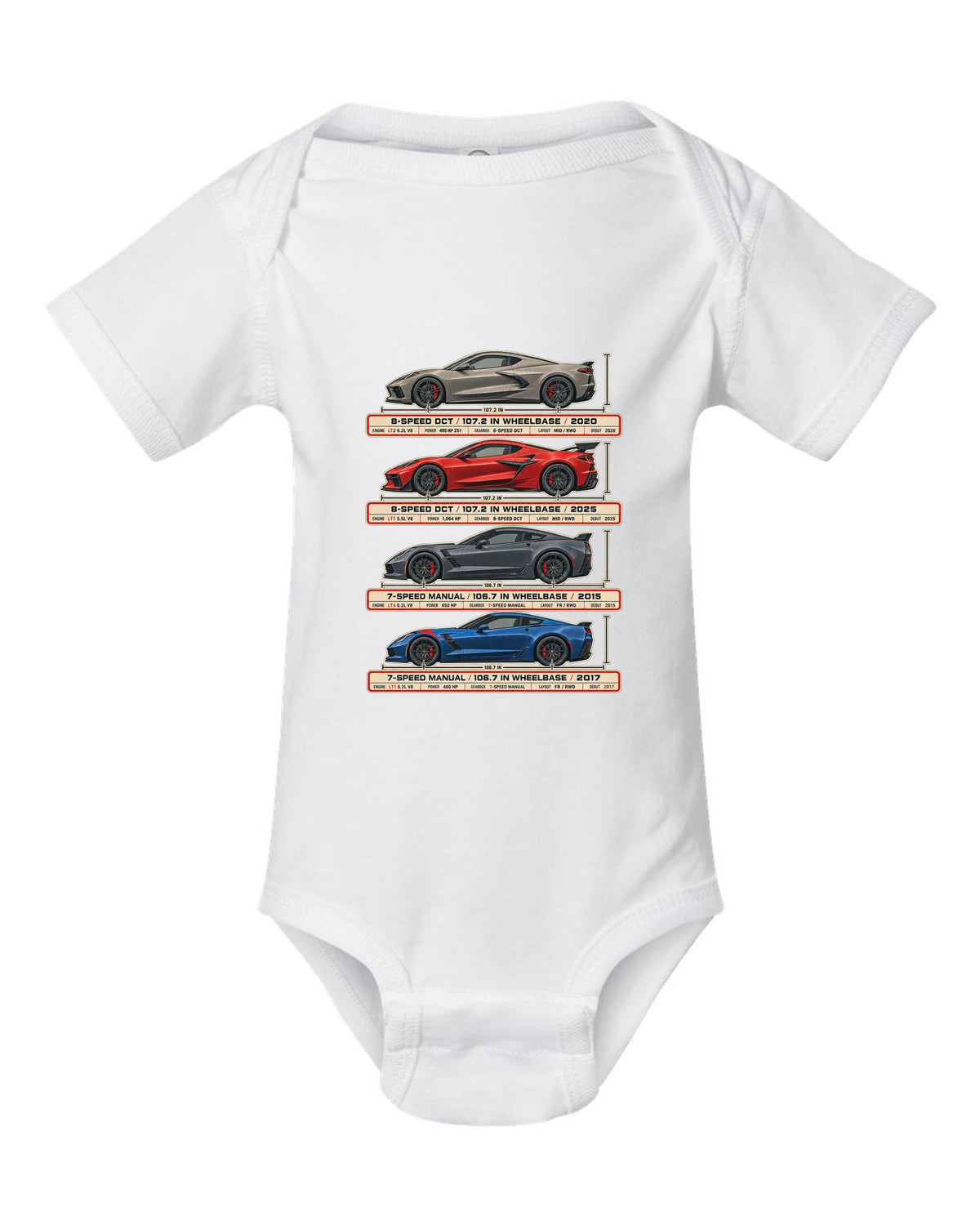 print of a Chevrolet Corvette C8 Stingray spec poster showing DCT and wheelbase figures white baby onesie front view with the design